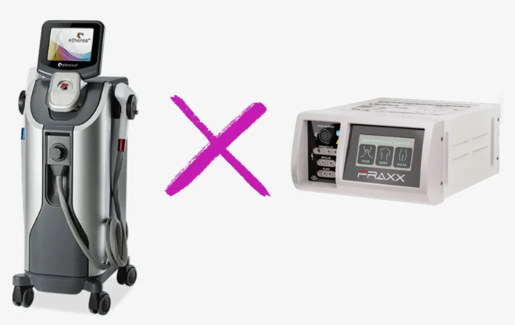 Quanto custa a sessão de laser íntimo? 2 Comparação entre sessões de laser íntimo e FRAXX para saúde feminina, mostrando diferenças em dor, segurança e número de aplicações
