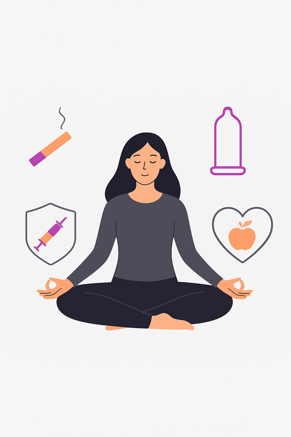 HPV positivo: o que significa e como lidar com esse diagnóstico? 4 Ilustração de mulher em posição de meditação cercada por ícones de prevenção: cigarro cortado, preservativo, vacina e alimentação saudável, representando cuidados que ajudam o corpo a combater o HPV.