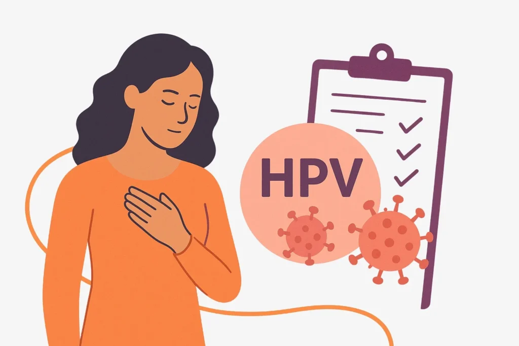 HPV positivo: o que significa e como lidar com esse diagnóstico? 3 Ilustração de uma mulher com expressão serena, ao lado da palavra HPV e de um checklist, representando o esclarecimento de crenças erradas sobre o diagnóstico.